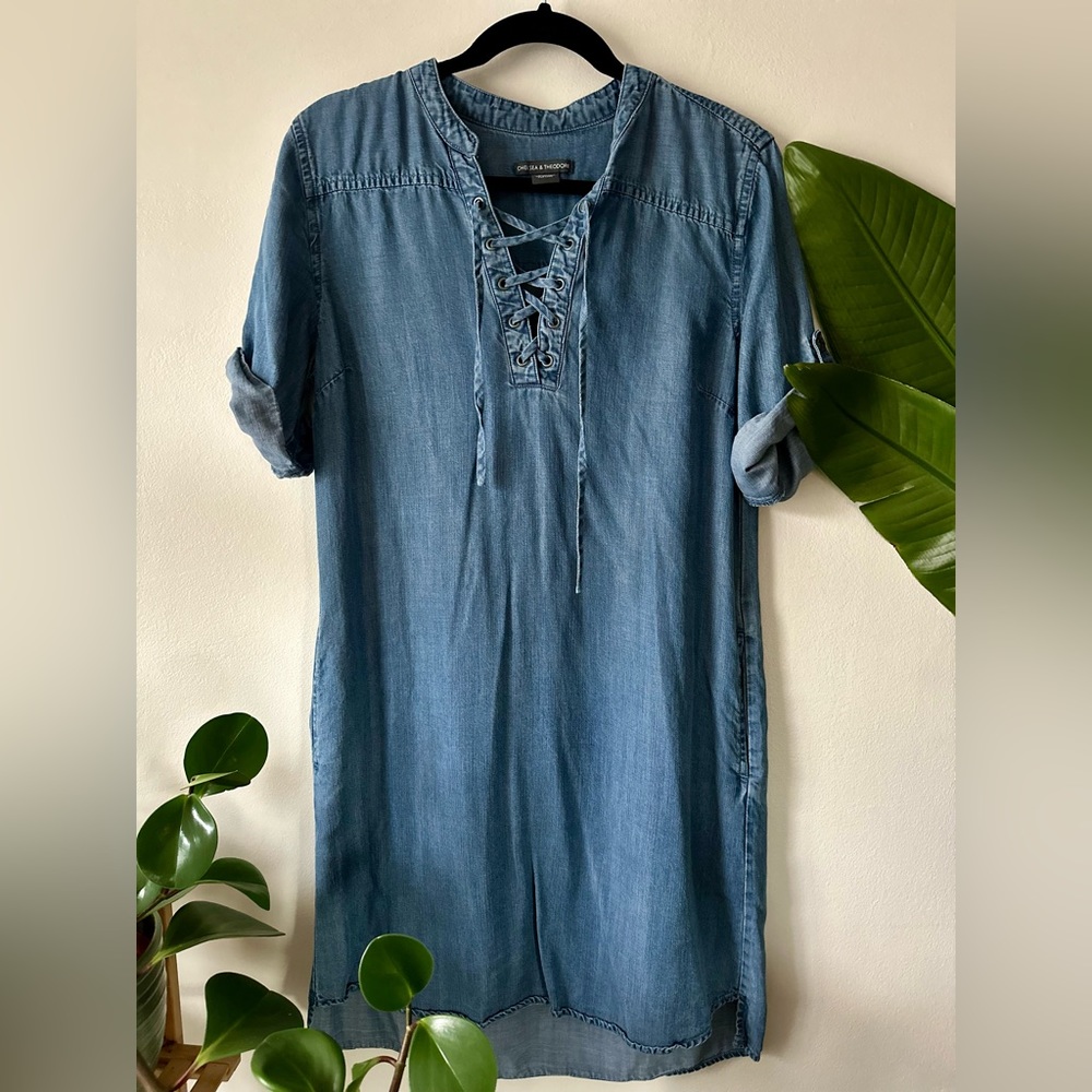 Chelsea & Theodore Chambray Lace Up Dress Sz M
